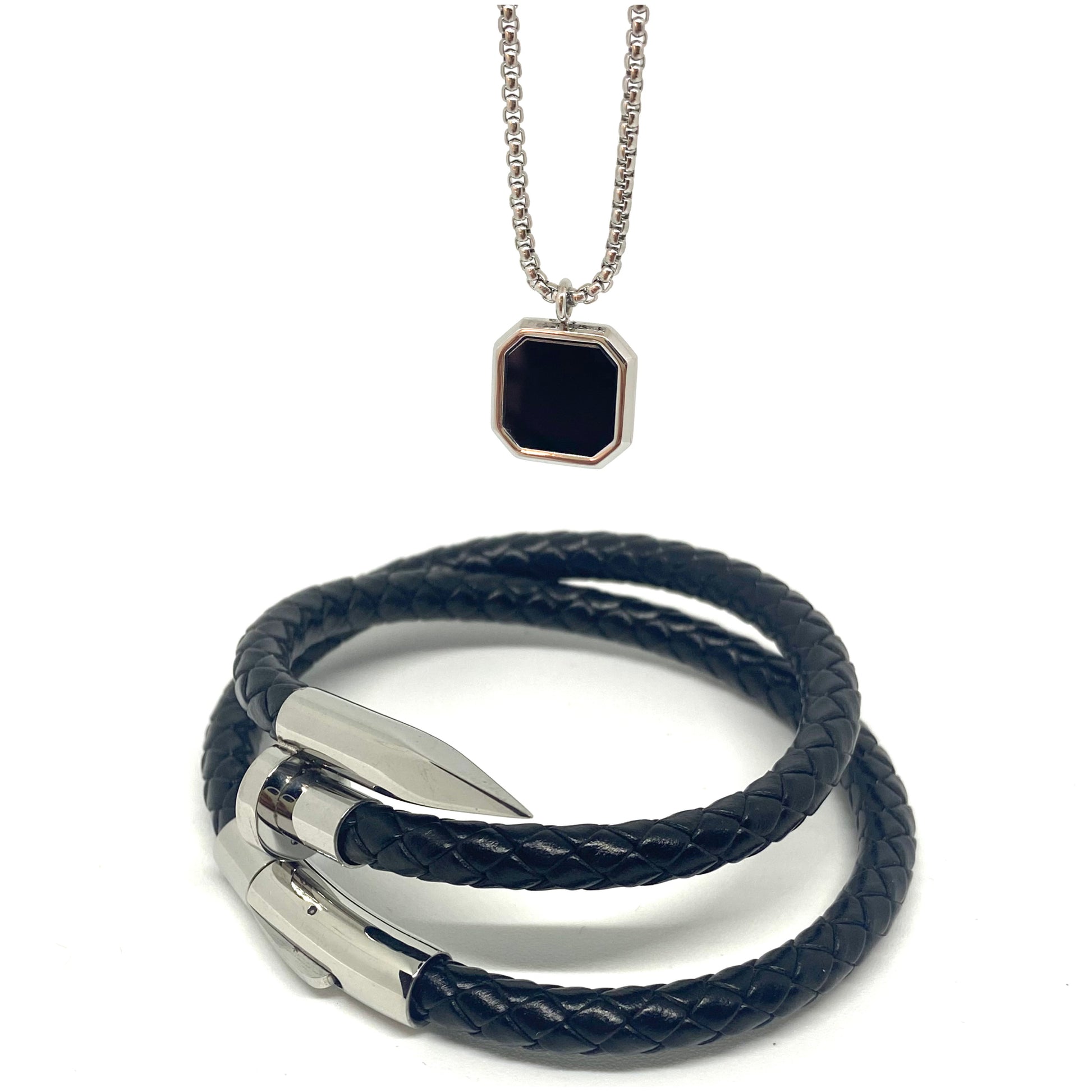 Silver Double Layered Nail and Onyx Set