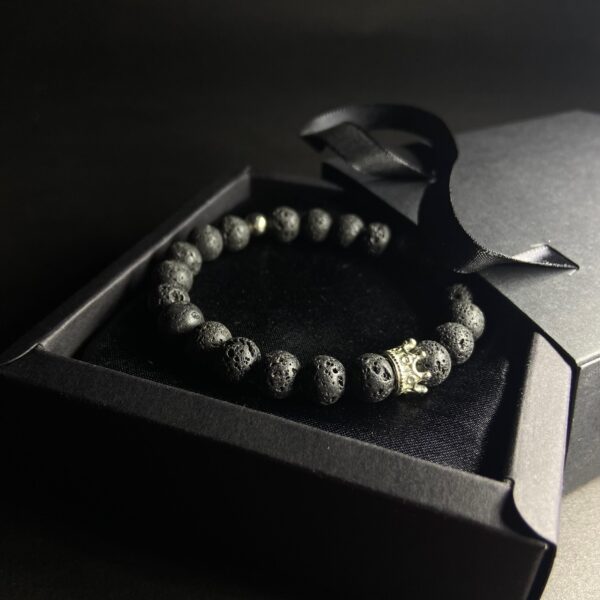 Black Lava Stones Crown Bracelet (Silver Bead)